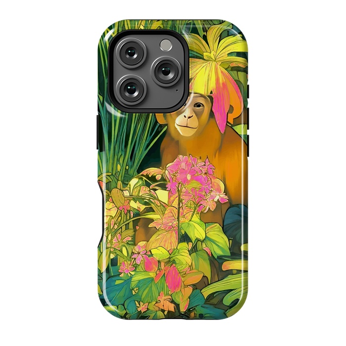 iPhone 16 Pro StrongFit Daydreamer, Coming of Age Monkey Tropical Jungle Plants, Wildlife Botanical Nature Forest Bohemian Animals by Uma Prabhakar Gokhale