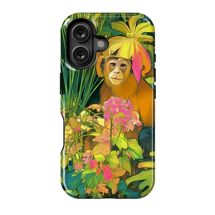 iPhone 16 StrongFit Daydreamer, Coming of Age Monkey Tropical Jungle Plants, Wildlife Botanical Nature Forest Bohemian Animals by Uma Prabhakar Gokhale