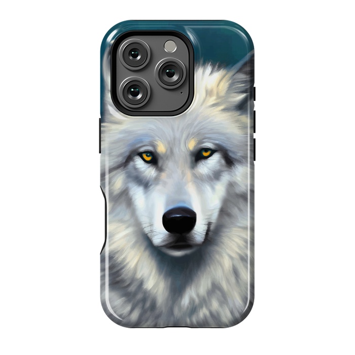 iPhone 16 Pro StrongFit The Wolf, Animal Portrait Painting, Wildlife Forest Jungle Dog, Mystery Eclectic Rustic by Uma Prabhakar Gokhale