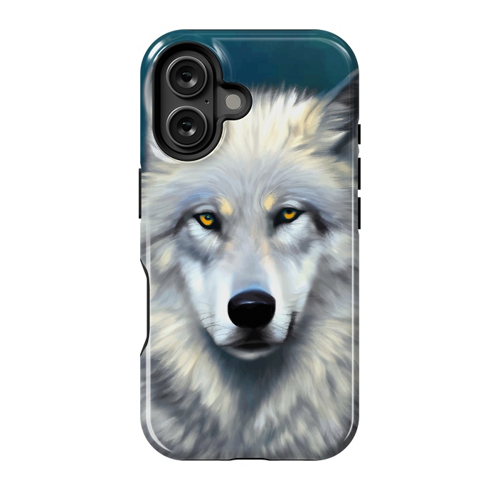 iPhone 16 StrongFit The Wolf, Animal Portrait Painting, Wildlife Forest Jungle Dog, Mystery Eclectic Rustic by Uma Prabhakar Gokhale