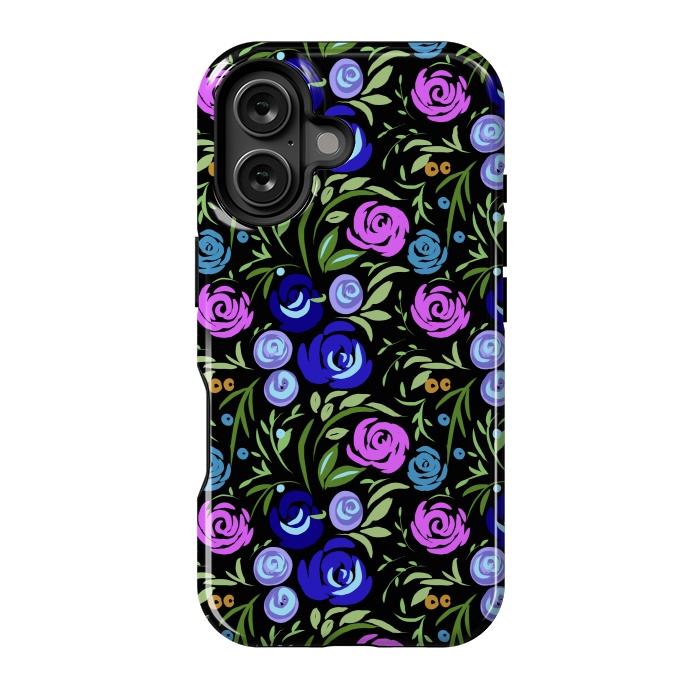 iPhone 16 StrongFit Floral design with tiny roses blue pink pattern by Josie