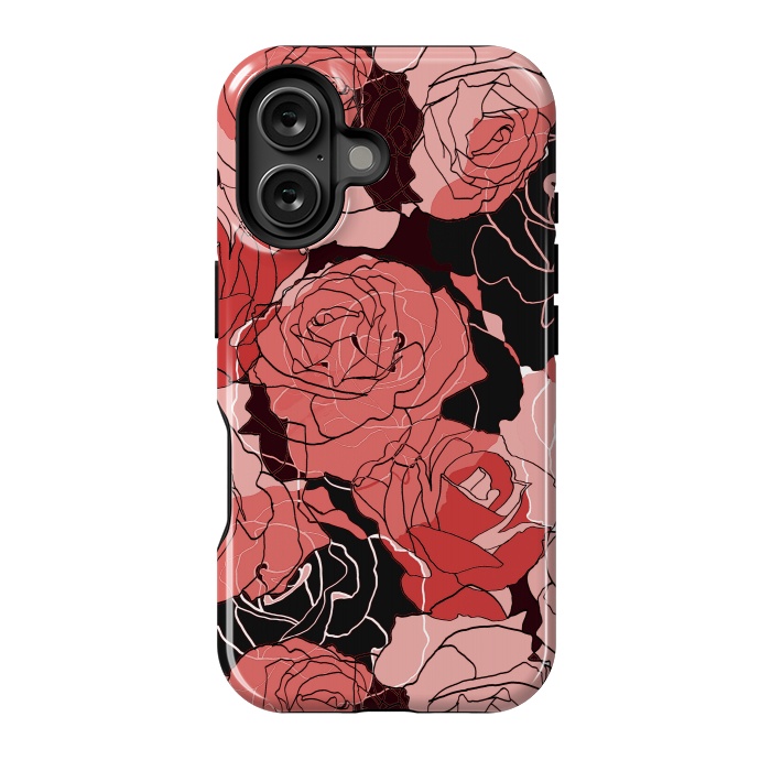 iPhone 16 StrongFit Red black roses - line art rose flowers pattern by Oana 