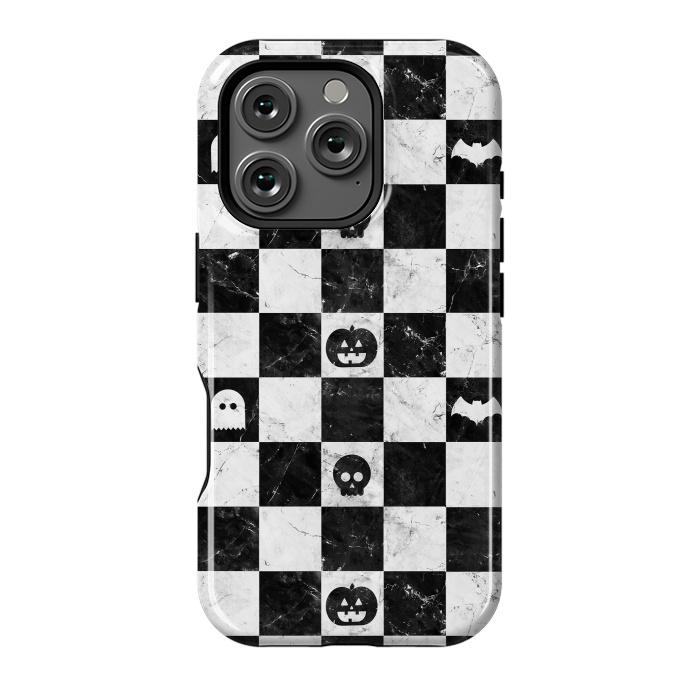 iPhone 16 Pro StrongFit Halloween checkered pattern - marble spooky monsters checks by Oana 