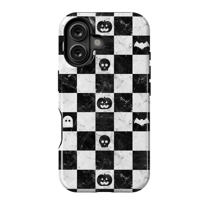 iPhone 16 StrongFit Halloween checkered pattern - marble spooky monsters checks by Oana 