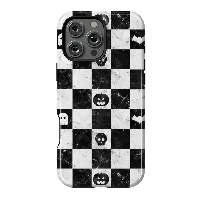 iPhone 16 Pro Max StrongFit Halloween checkered pattern - marble spooky monsters checks by Oana 