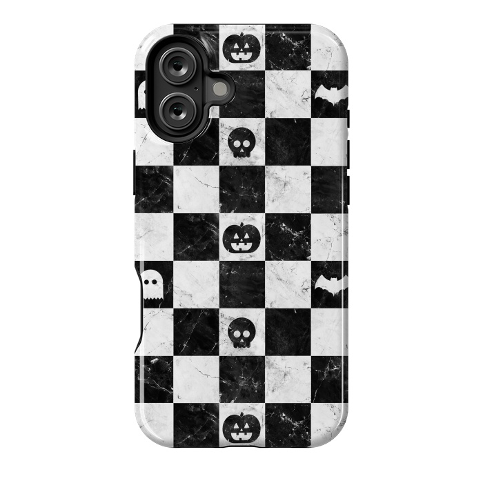 iPhone 16 Plus StrongFit Halloween checkered pattern - marble spooky monsters checks by Oana 