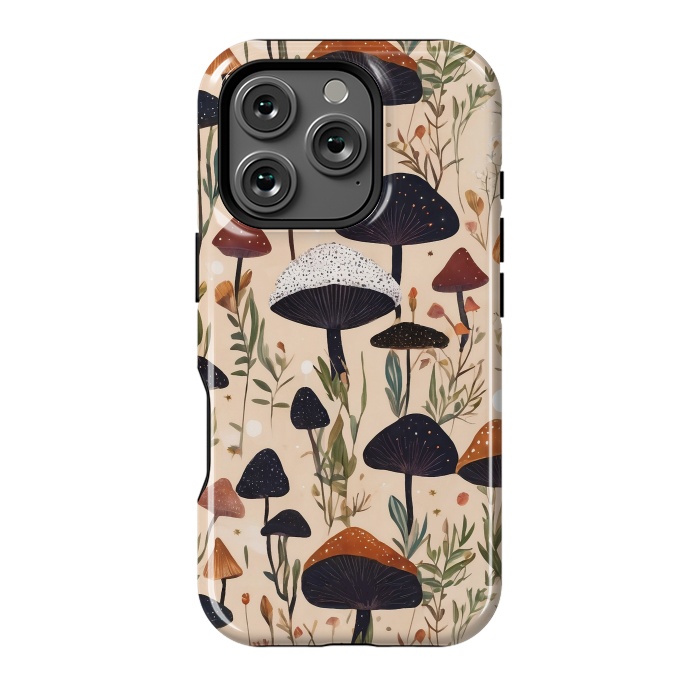 iPhone 16 Pro StrongFit Mushrooms pattern - mushrooms and leaves cottagecore illustration by Oana 