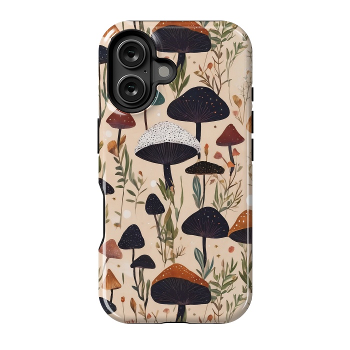 iPhone 16 StrongFit Mushrooms pattern - mushrooms and leaves cottagecore illustration by Oana 