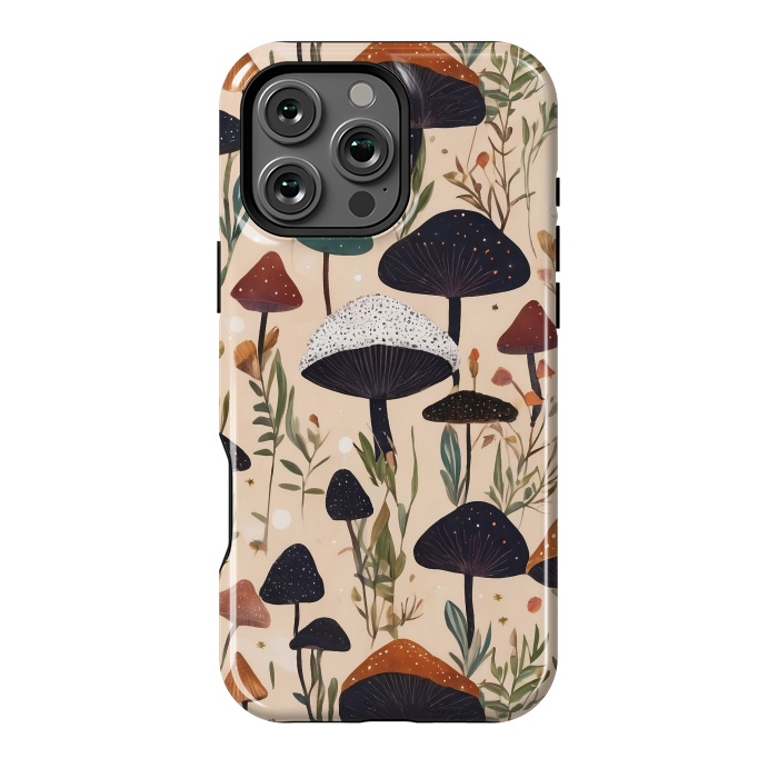 iPhone 16 Pro Max StrongFit Mushrooms pattern - mushrooms and leaves cottagecore illustration by Oana 