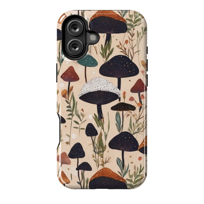 iPhone 16 Plus StrongFit Mushrooms pattern - mushrooms and leaves cottagecore illustration by Oana 