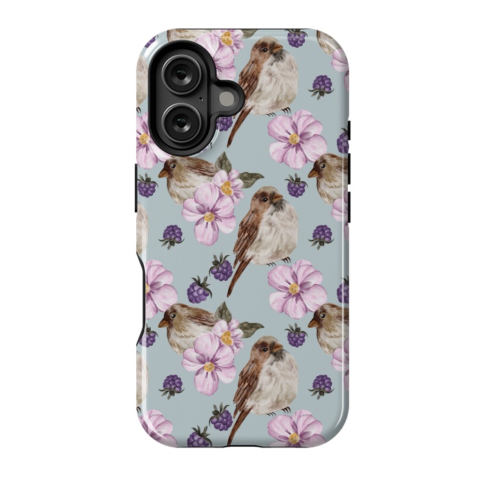 iPhone 16 StrongFit Lovely birds, blue by Flowery Stories