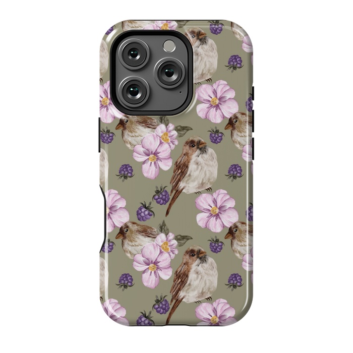 iPhone 16 Pro StrongFit Lovely birds, green by Flowery Stories