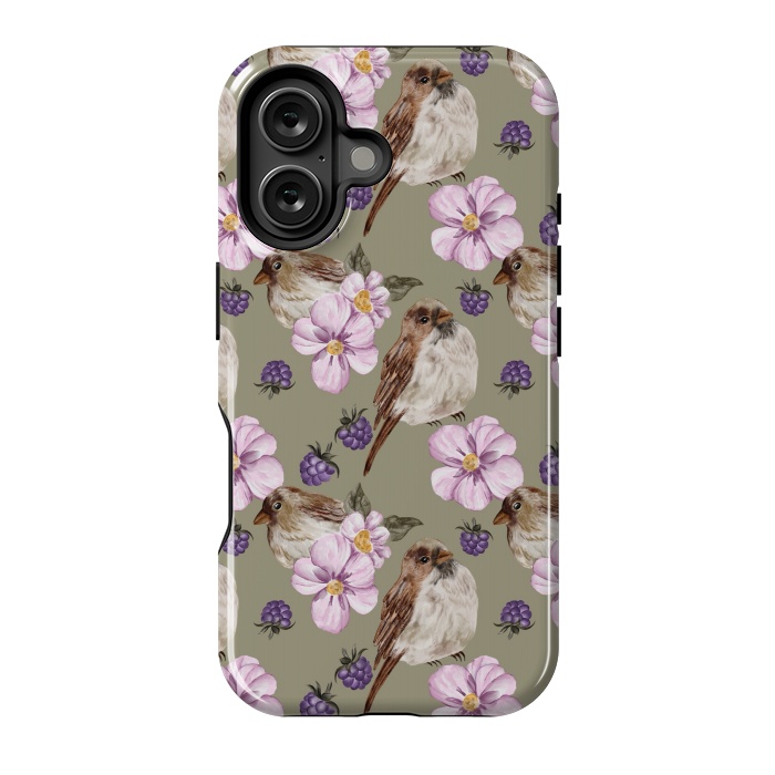 iPhone 16 StrongFit Lovely birds, green by Flowery Stories