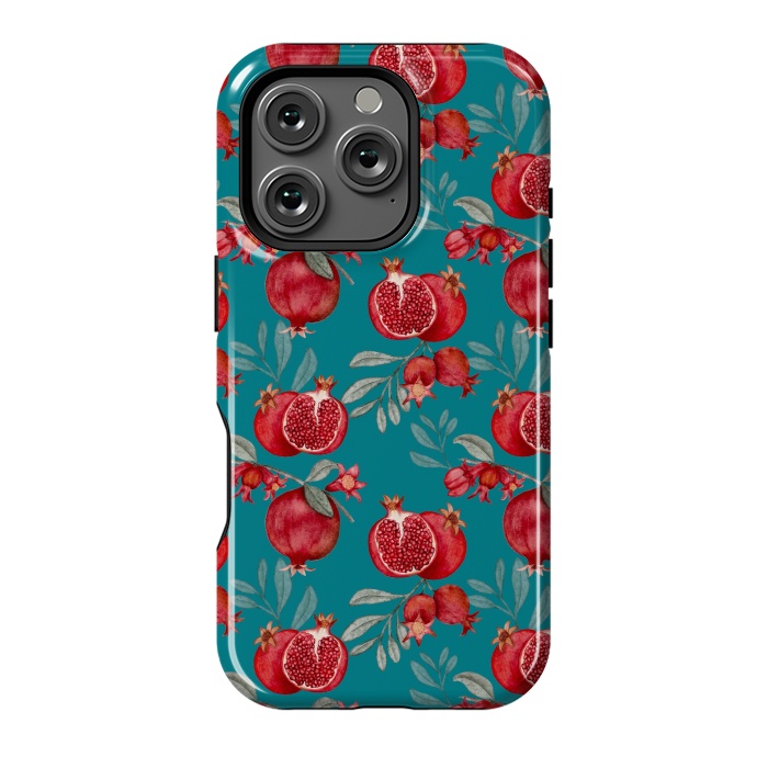 iPhone 16 Pro StrongFit Pomegranates, dark teal by Flowery Stories