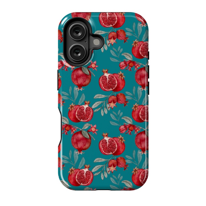 iPhone 16 StrongFit Pomegranates, dark teal by Flowery Stories