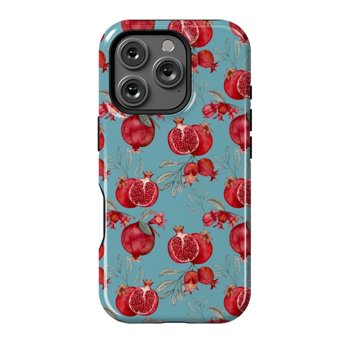 iPhone 16 Pro StrongFit Pomegranates, light teal by Flowery Stories