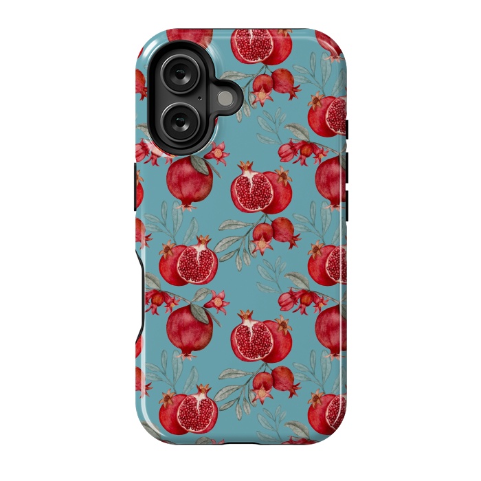 iPhone 16 StrongFit Pomegranates, light teal by Flowery Stories