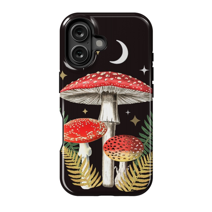 iPhone 16 StrongFit Red mushrooms, stars and Moon - whimsical cottagecore forest illustration by Oana 