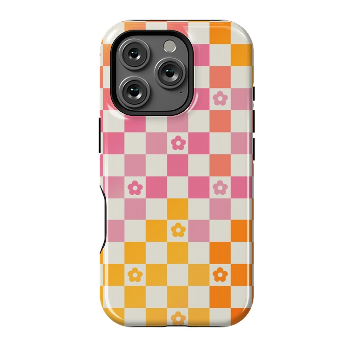 iPhone 16 Pro StrongFit Retro checks and daisy flowers - 70s gradient checkered pattern by Oana 