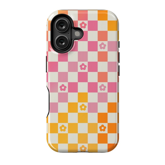 iPhone 16 StrongFit Retro checks and daisy flowers - 70s gradient checkered pattern by Oana 