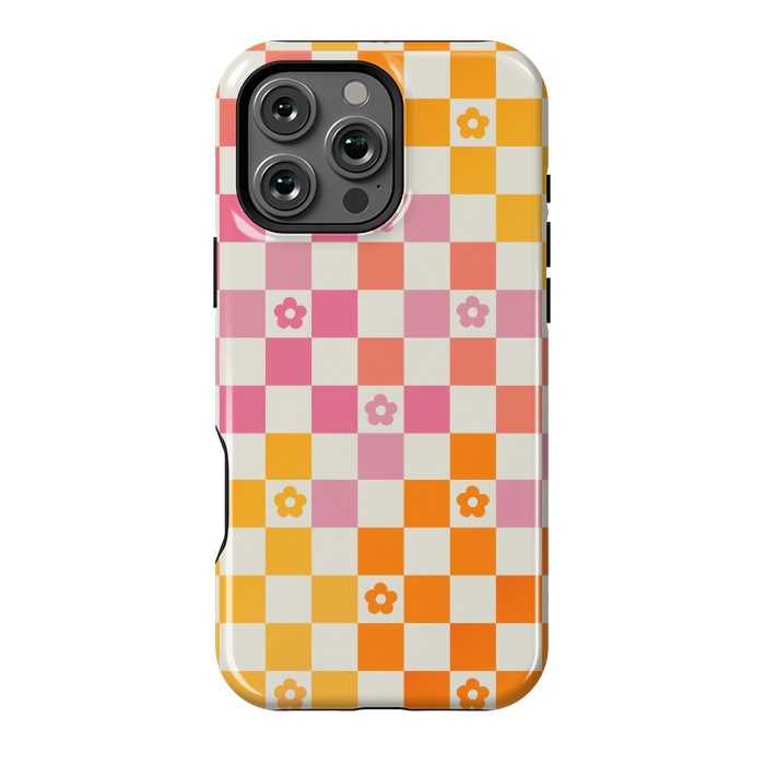 iPhone 16 Pro Max StrongFit Retro checks and daisy flowers - 70s gradient checkered pattern by Oana 