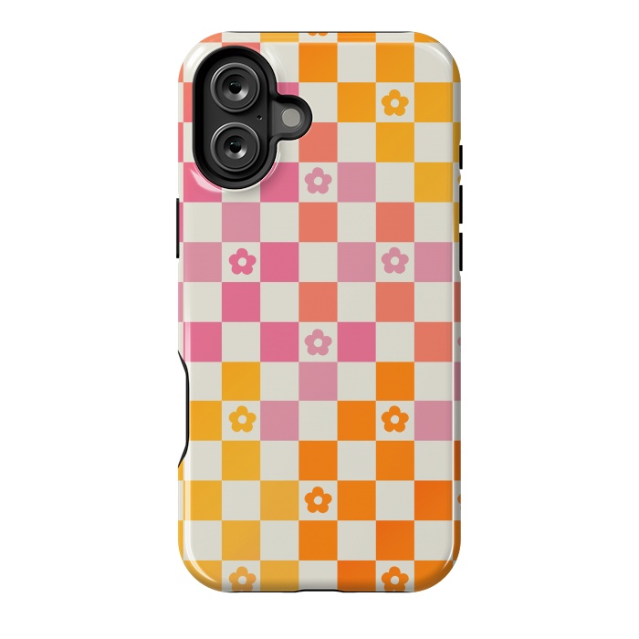 iPhone 16 Plus StrongFit Retro checks and daisy flowers - 70s gradient checkered pattern by Oana 