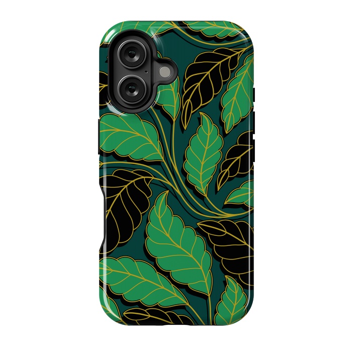 iPhone 16 StrongFit Curved lines Branches Leaves black and green G608 by Medusa GraphicArt