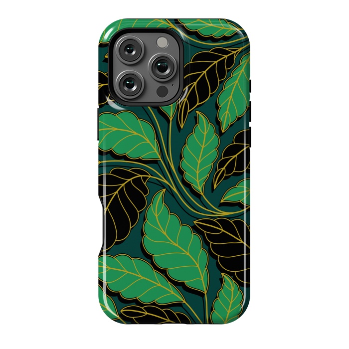 iPhone 16 Pro Max StrongFit Curved lines Branches Leaves black and green G608 by Medusa GraphicArt