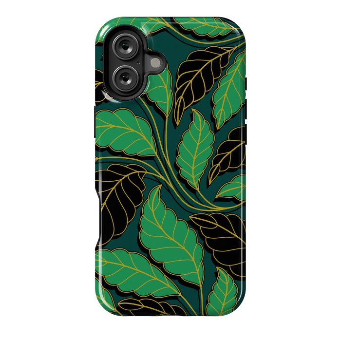 iPhone 16 Plus StrongFit Curved lines Branches Leaves black and green G608 by Medusa GraphicArt