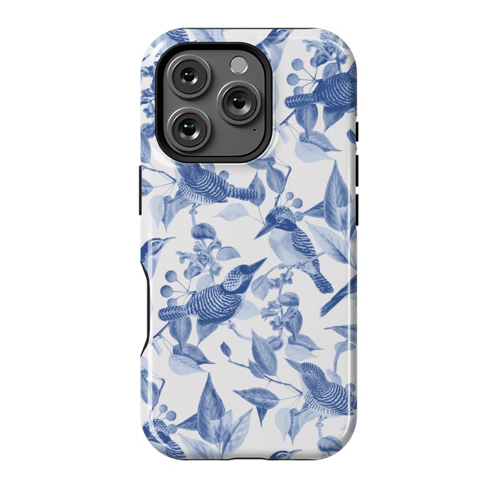 iPhone 16 Pro StrongFit Birds and leaves chinoiserie - blue porcelain nature pattern by Oana 