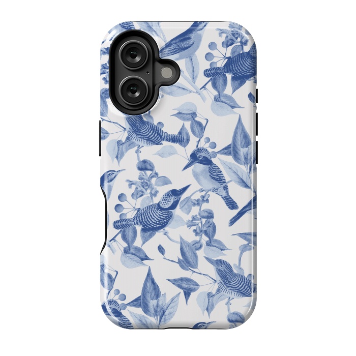 iPhone 16 StrongFit Birds and leaves chinoiserie - blue porcelain nature pattern by Oana 