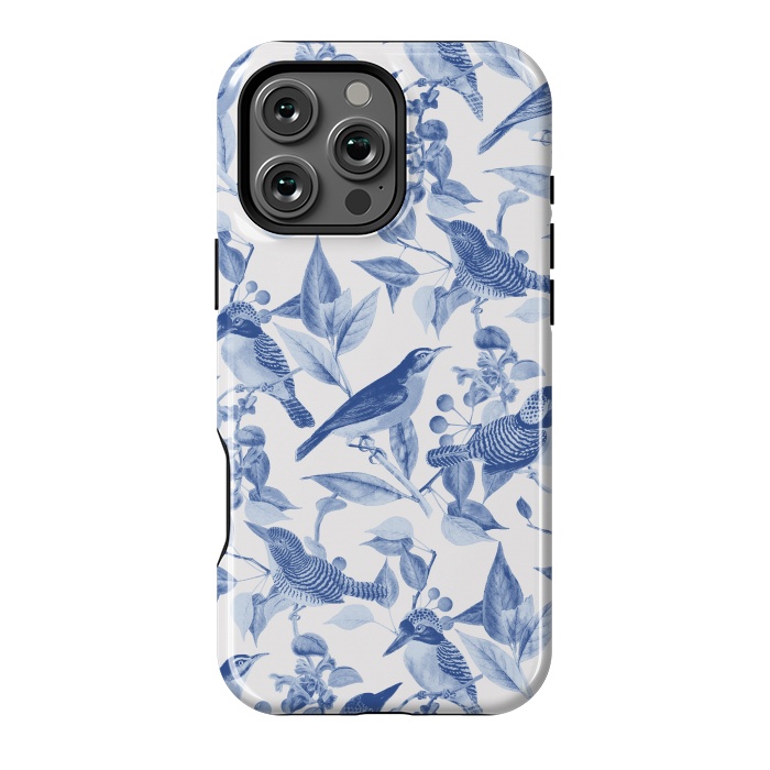 iPhone 16 Pro Max StrongFit Birds and leaves chinoiserie - blue porcelain nature pattern by Oana 