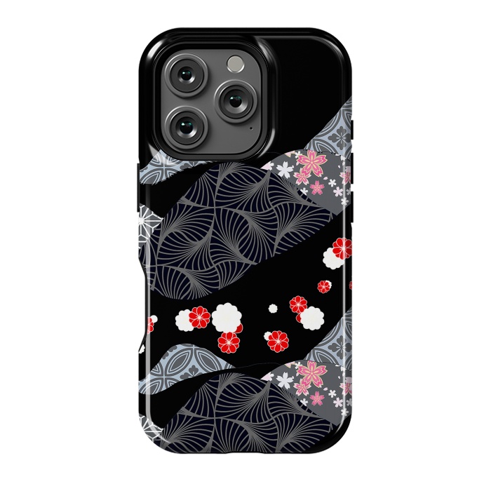 iPhone 16 Pro StrongFit Japanese mountains and cherry blossoms - kimono pattern by Oana 