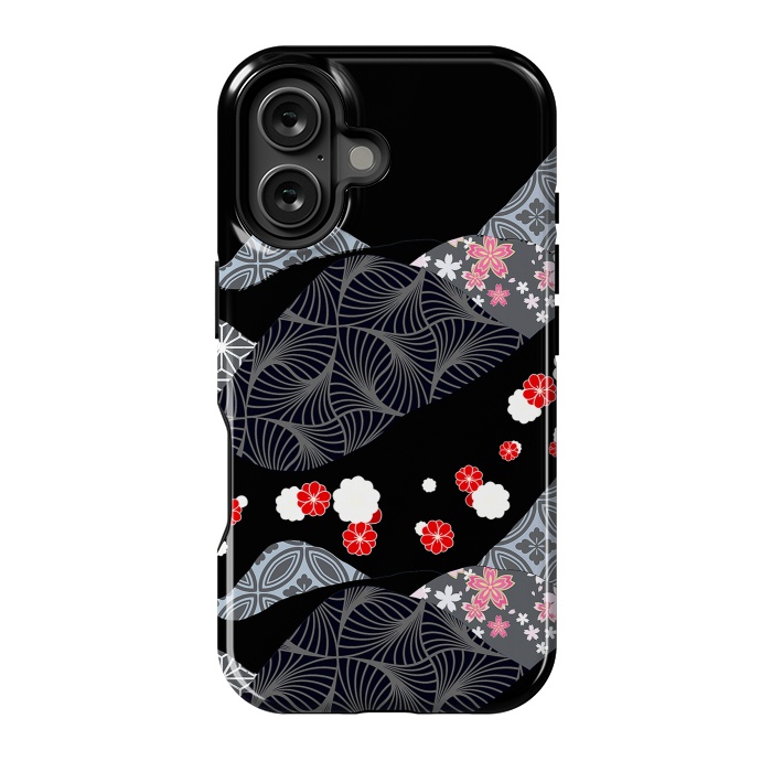 iPhone 16 StrongFit Japanese mountains and cherry blossoms - kimono pattern by Oana 