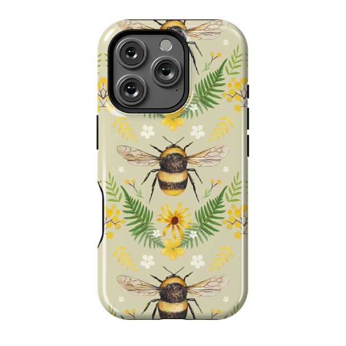 iPhone 16 Pro StrongFit Bees and flowers - cottagecore bumble bee pattern - ferns, wild flowers by Oana 