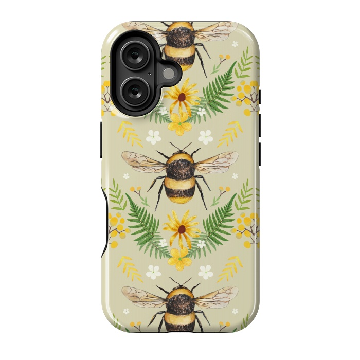 iPhone 16 StrongFit Bees and flowers - cottagecore bumble bee pattern - ferns, wild flowers by Oana 