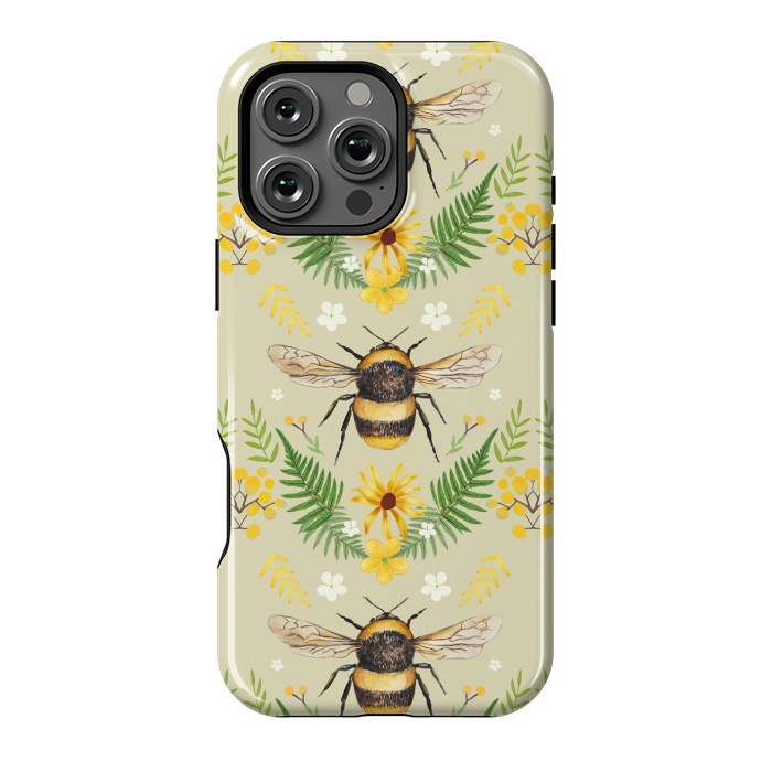 iPhone 16 Pro Max StrongFit Bees and flowers - cottagecore bumble bee pattern - ferns, wild flowers by Oana 