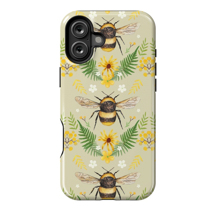 iPhone 16 Plus StrongFit Bees and flowers - cottagecore bumble bee pattern - ferns, wild flowers by Oana 