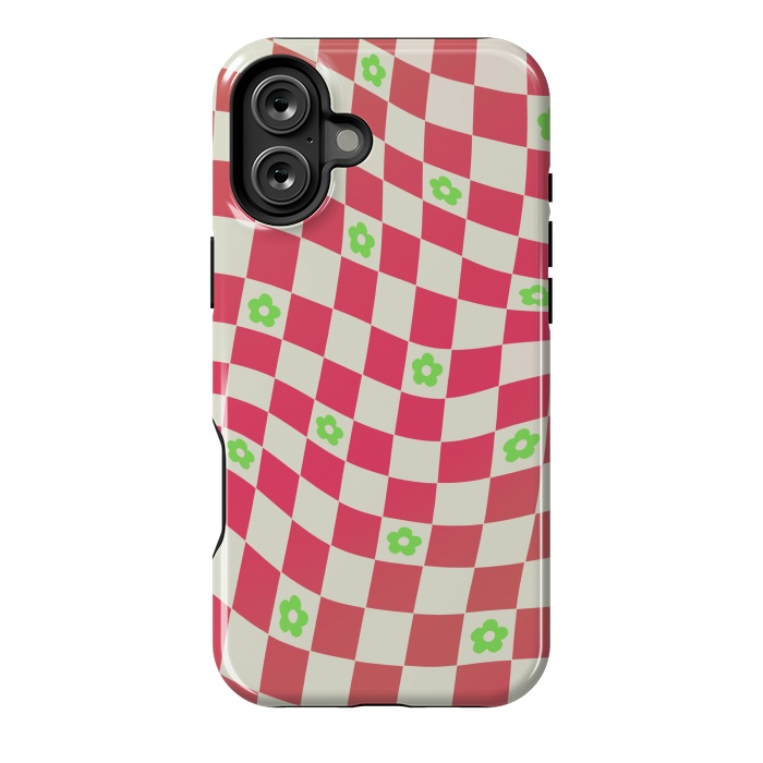 iPhone 16 Plus StrongFit Checks and flowers - retro optical illusion checkered Y2K by Oana 