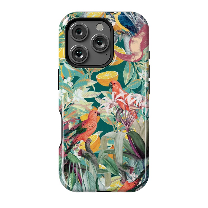 iPhone 16 Pro StrongFit Parrots, oranges and tropical leaves - jungle paradise by Oana 