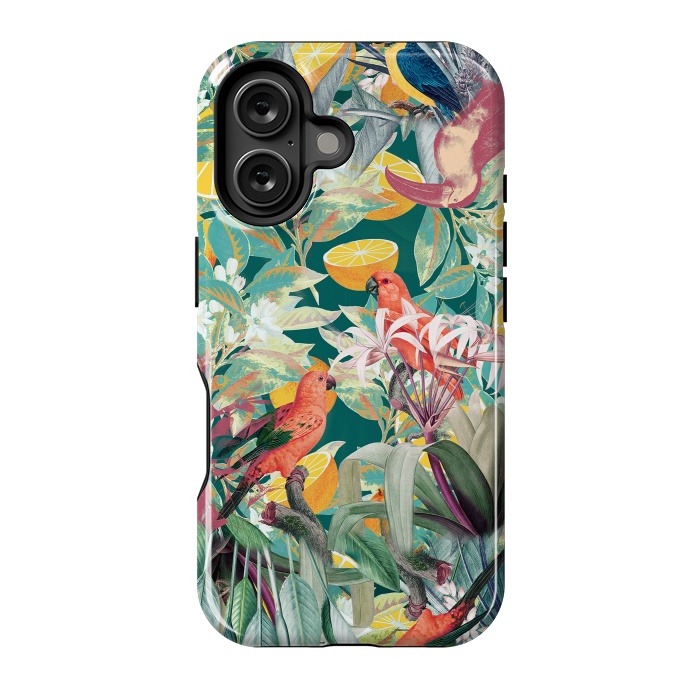 iPhone 16 StrongFit Parrots, oranges and tropical leaves - jungle paradise by Oana 