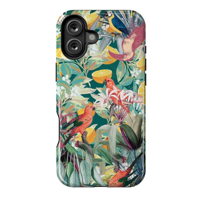 iPhone 16 Plus StrongFit Parrots, oranges and tropical leaves - jungle paradise by Oana 