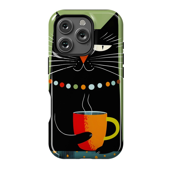 iPhone 16 Pro StrongFit Black angry cat drinking coffee by haroulita