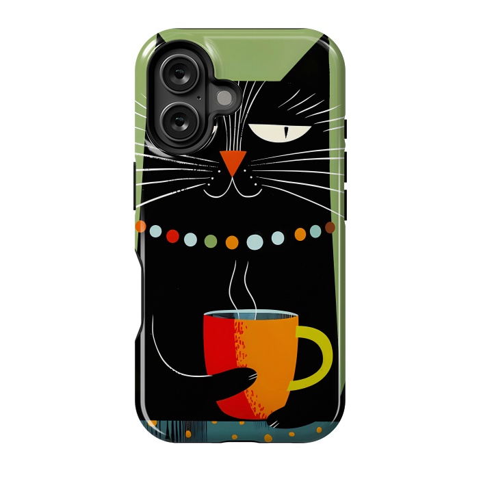 iPhone 16 StrongFit Black angry cat drinking coffee by haroulita