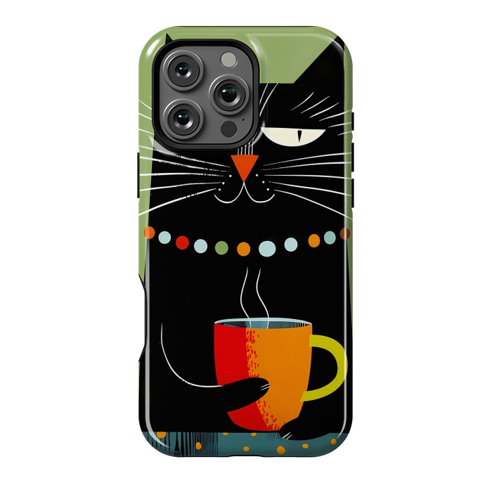 iPhone 16 Pro Max StrongFit Black angry cat drinking coffee by haroulita