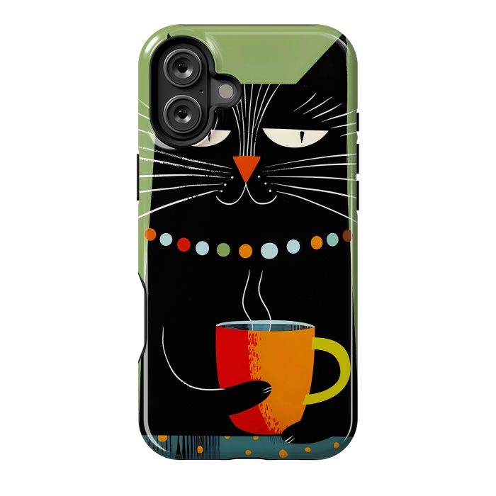 iPhone 16 Plus StrongFit Black angry cat drinking coffee by haroulita