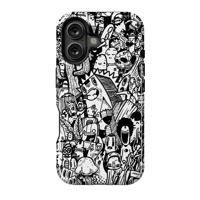 iPhone 16 StrongFit Doodle party black and white by Manuvila