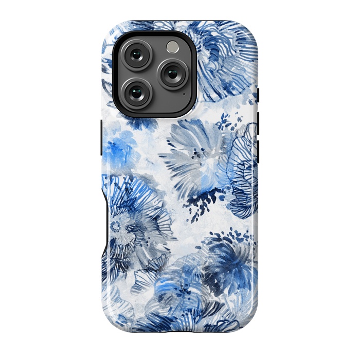 iPhone 16 Pro StrongFit Blue watercolor flowers - painted petals by Oana 