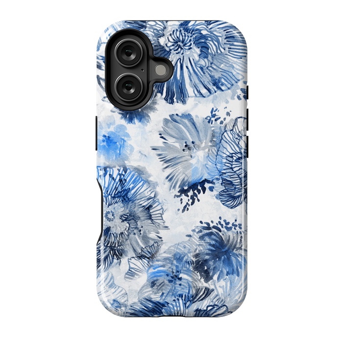 iPhone 16 StrongFit Blue watercolor flowers - painted petals by Oana 