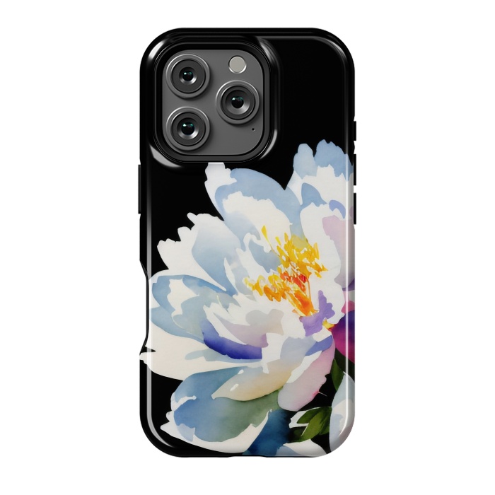 iPhone 16 Pro StrongFit Watercolour painted peony flower on black - peony petals by Oana 